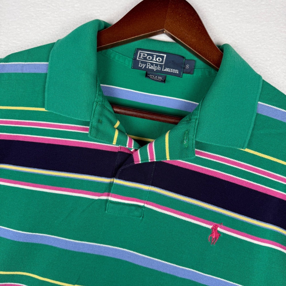 Vtg Polo Ralph Lauren Polo Shirt Mens S Green Striped S/S Pima Cotton 90s Y2K